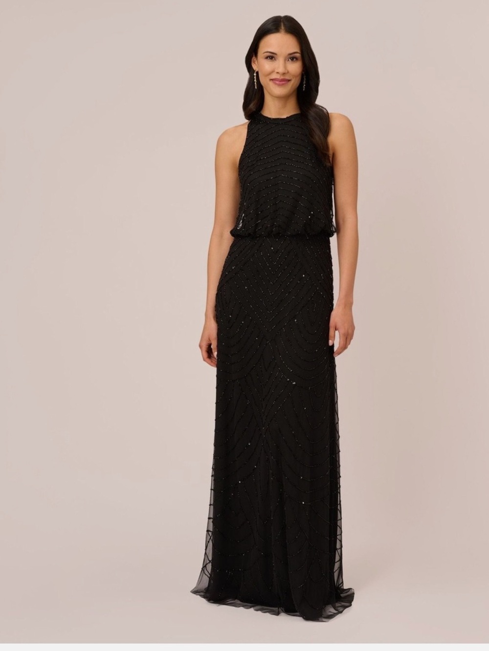Adrianna Papell Black Beaded Halter Long Dress
